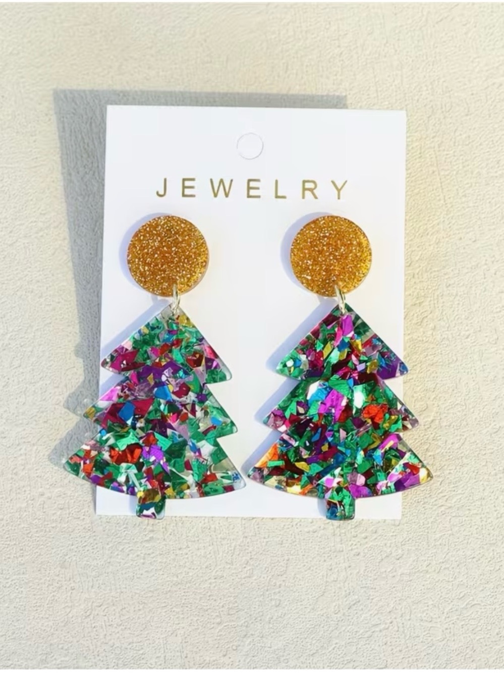 Christmas Tree Dangle/Drop Stud Earrings Multicolor Gold Glitter Acrylic 5.6cm